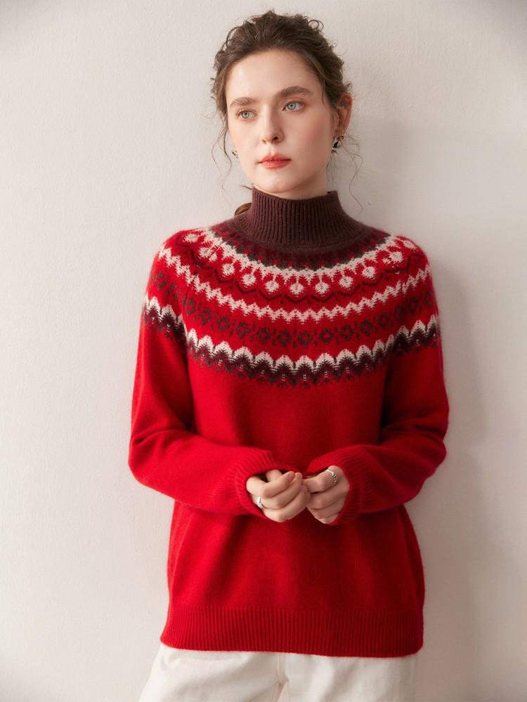 Festive Red Fair Isle Half-High Collar Cashmere Sweater