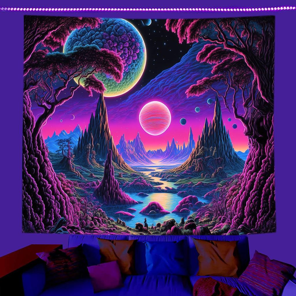 Fantasy Treehouse Blacklight Tapestry UV Reactive Forest River 2D Flat Printed Peach Skin Wall Hanging Party Backdrop Room Decor