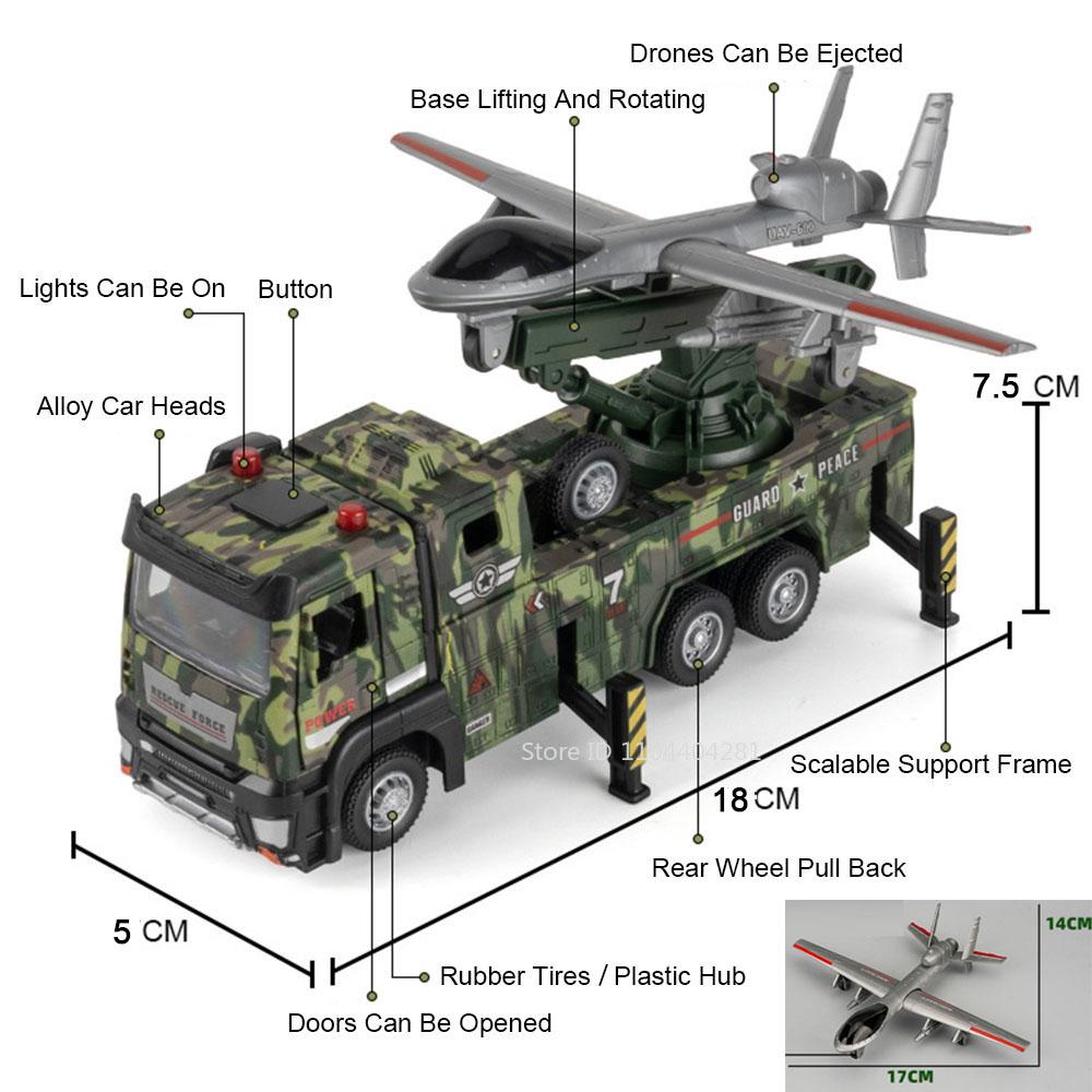 1:32 Military Drone Launch Vehicle Missile Cars Toys Diecast Model Light Music Pull Back Doors Opened Truck Boys Educational Toy
