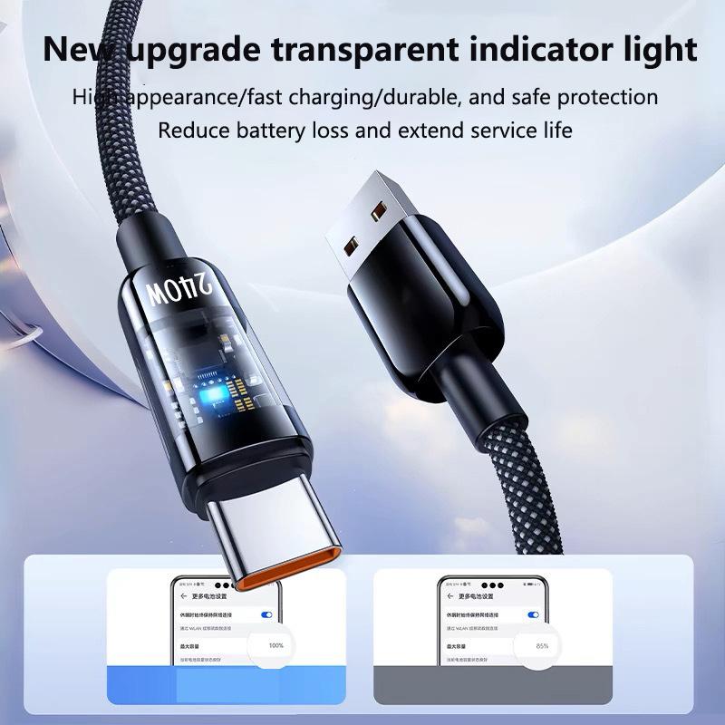 240W Super Fast Charging Cable USB C Interface Nylon Braided Transparent Type C High-speed Charger Wire Fast Charging Data Cord