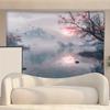 2D Cherry Blossom Lake Tapestry, Misty Sunrise Mountain Wall Art for Home Decor