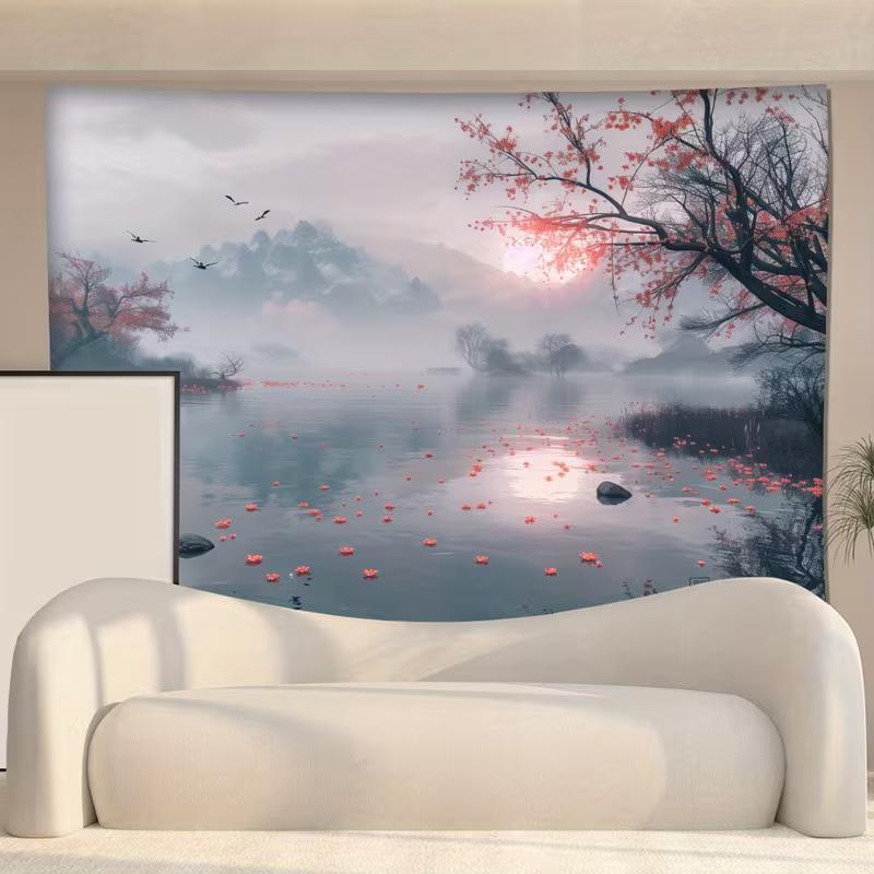 2D Cherry Blossom Lake Tapestry, Misty Sunrise Mountain Wall Art for Home Decor