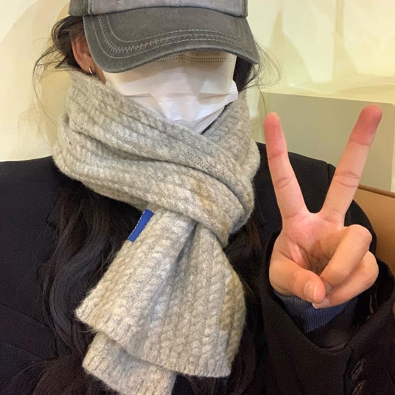 Wool gray scarf girls autumn and winter white knitted wool warm versatile high sense scarf white