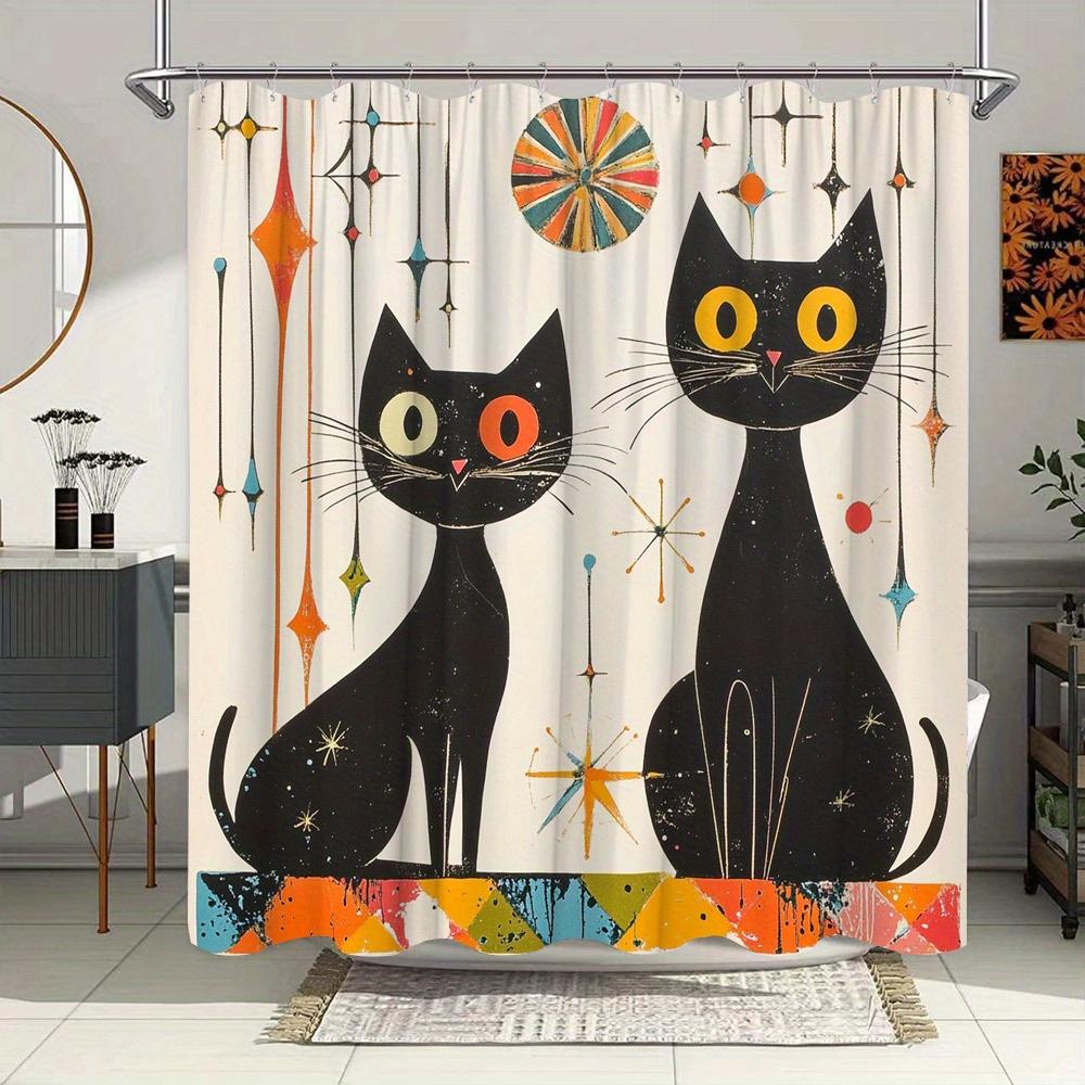 

1pc Retro Pop-Art Style Two Cats Shower Curtain - Whimsical Oversized Eyes, Red & Yellow Cartoonish Illustration W90XH180cm