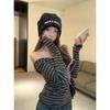 Contrasting color striped shoulder top women's spring slim off-the-shoulder Spice Girl style long-sleeved T-shirt with bottoming shirt