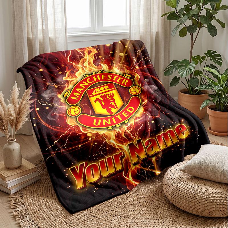 Coperta in Flanella Personalizzata con Nome Testo Manchester United Logo Calcio Plaid in Pile Personalizzato Regalo Speciale per Divano Camera da Letto Casa