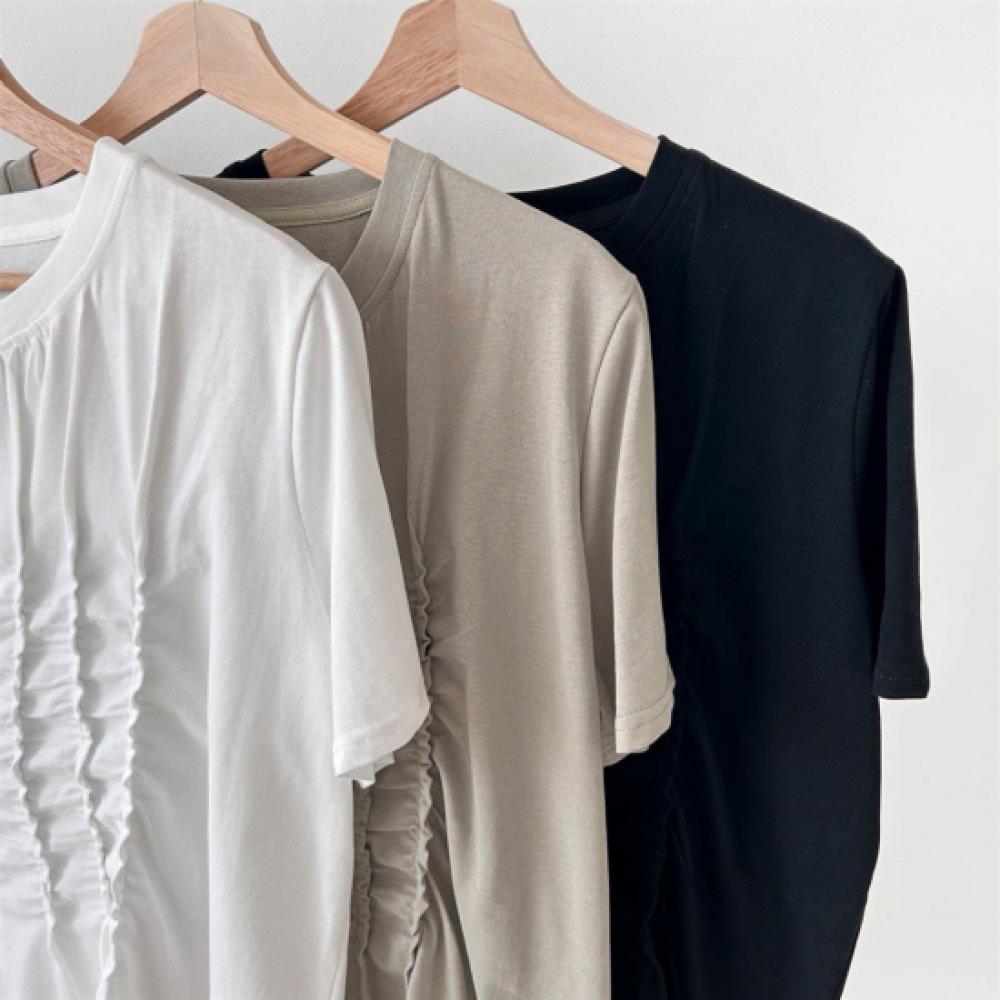 New Arrivals Open Run Women Shirring Round Neck CoTTon ShorT Sleeve T shirT