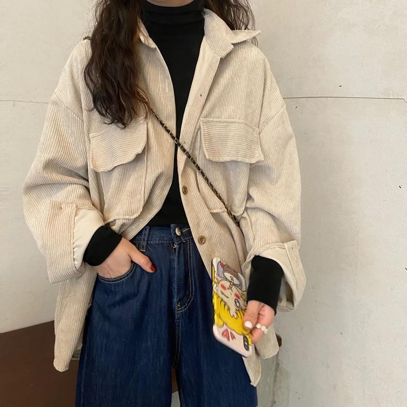 Women's Retro Corduroy Jacket - Korean Style, Loose Fit, Long-Sleeved, Perfect for Spring and Autumn.