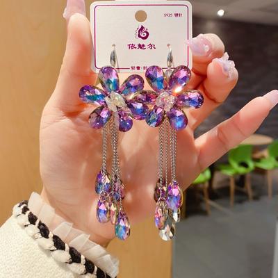 Neue bunte Blumen-Quasten-Kristall-Hängeohrringe für Damen Koreanische Mode Luxus Hochzeitsfeier Bankett Schmuck
