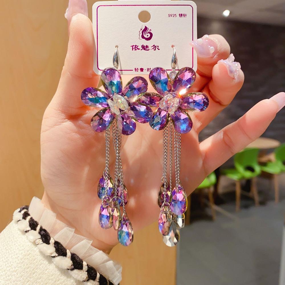 New Colorful Flower Tassel Crystal Long Dangle Drop Earrings for Women Korea Fashion Luxury Wedding Party Banquet Jewelry