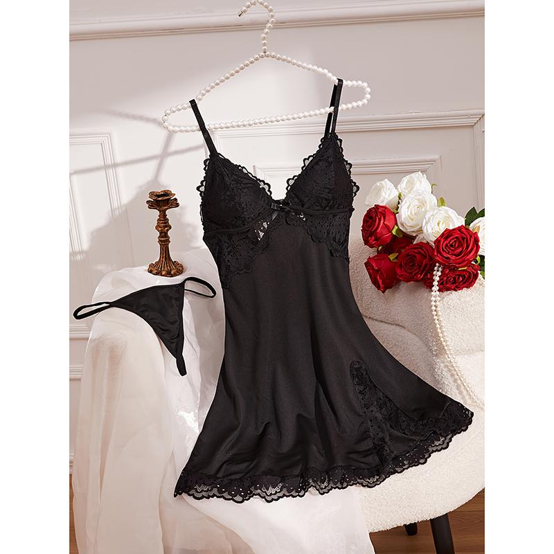 Women Sensual Lace Underwear Set Hollow Butterfly Bow Split Sleepwear Dress Panty Lingerie Outfit Sheer Breathable Nightwear