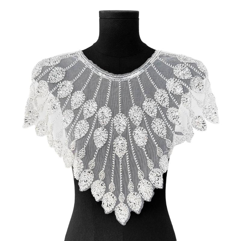 Beaded Sequins Sew on Collar Patches for Wedding Dress Evening Gown Embroidered Beads Sequins Sew on Patches Applique