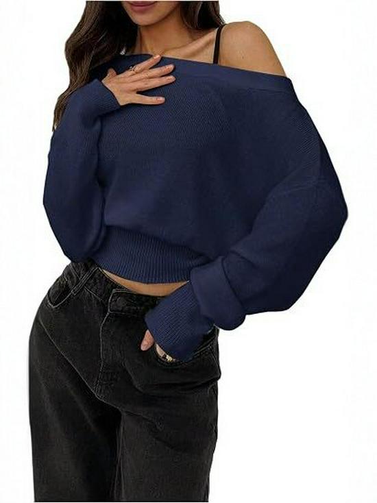 2026 Autumn/Winter European American Off-Shoulder Knit Sweater - Women's Solid Color Pullover, Long Sleeve Top