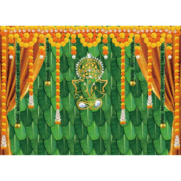 Indian Pooja Traditional Backdrop Diwali Ganpati Ganesh Marigold Puja Photography Background Green Banana Leaves Adult Religious Service Weeding