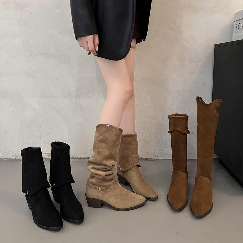 Pile Boots Women's Pointed Head Tall Tube Medium Tube Knight Boots New Early Autumn Winter Brown Western Cowboy Long Boots
