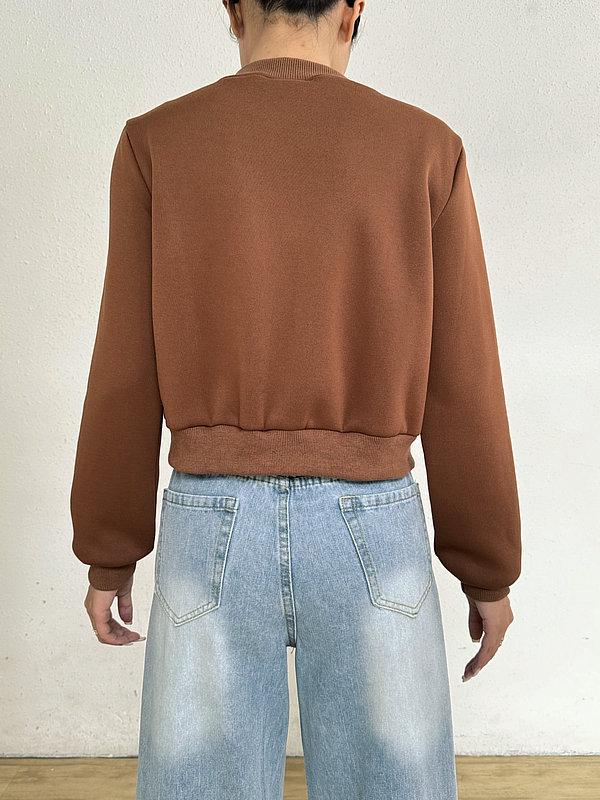 Frühling 2025 Damen Langarm Rundhals Reißverschluss Strickjacke - Einfarbig, Lockerer Schnitt, Schlankmachende Kurze Freizeitjacke