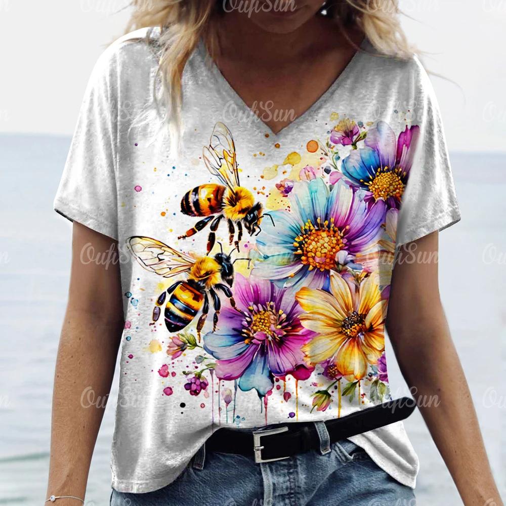 Women's Retro Bee Print T-Shirt Nature Landscape V-Neck Top Short Sleeve Sweater Loose Daily Casual Design Clothing