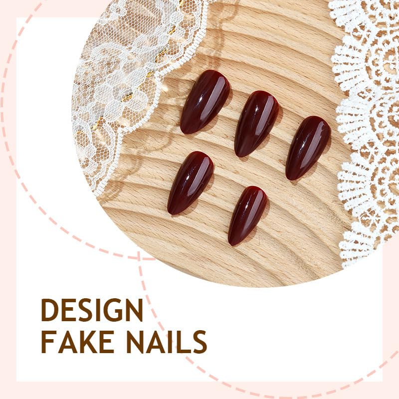 Nakhi Wine Red Stiletto Press On Nails | 24 Pcs Long Glossy False Nails with Glue | Burgundy Artificial Nails for Women | Reusable Fake Nail Exten