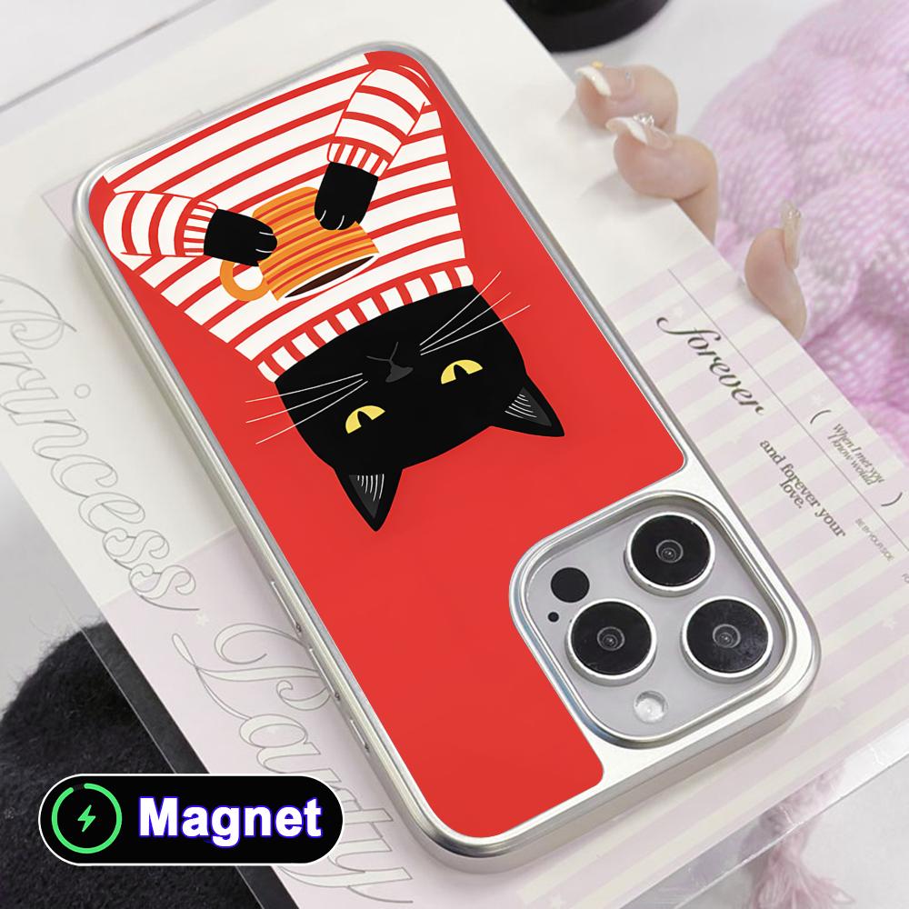 Cute Coffee Cat Silver Plating Magsafe Mobile Phone Case for iPhone 17 16 15 14 13 12 11 Air Pro Max Plus Colorful Cover