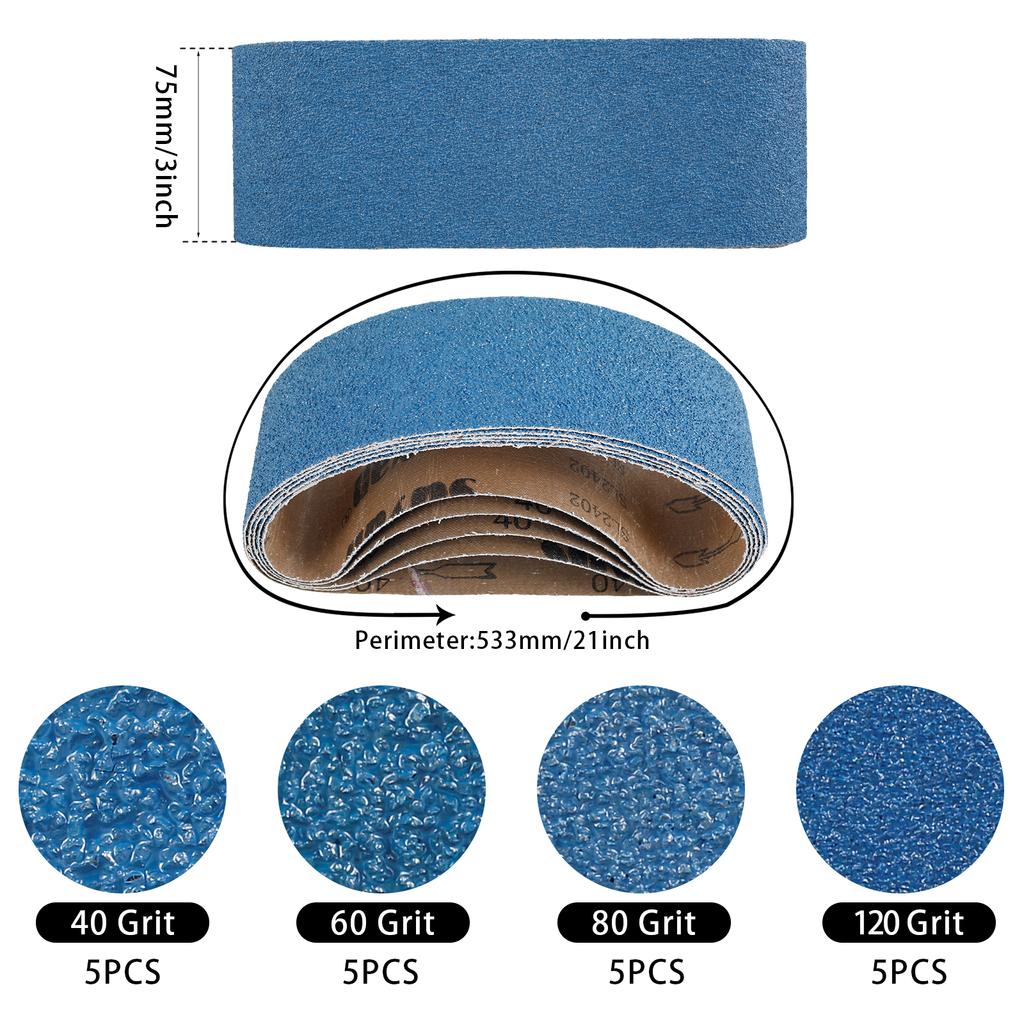 20PCS 75x533mm Sanding Belts Abrasive Bands 40/60/80/120 Grit Quality Zirconia Grinding Abrasive Belt Grinding Polishing Tools