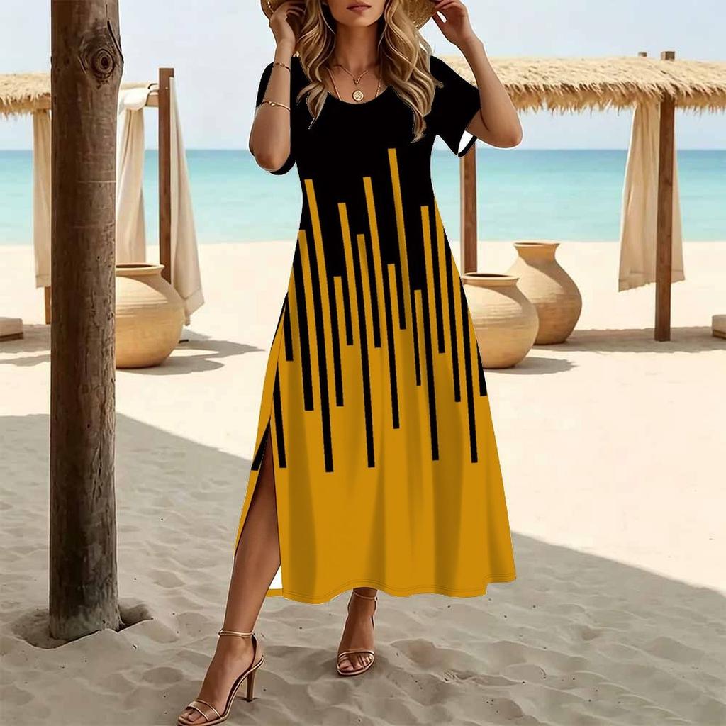 Abito da Donna Moda Scollo Tondo Stampa Fantasia Vintage Manica Corta Spacco Laterale Abito Casual da Vacanza Abito Lungo Ampio