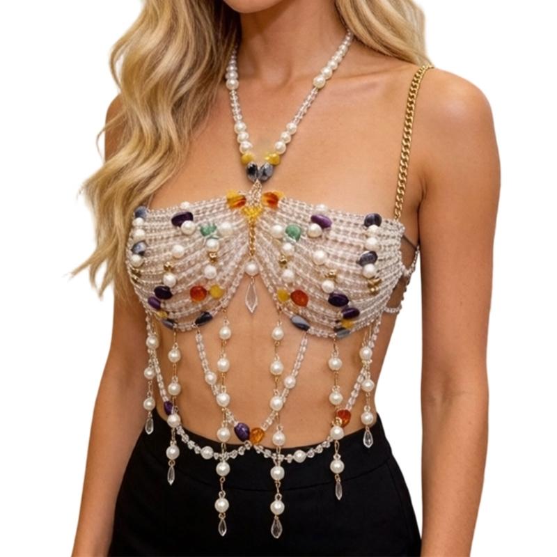 Beaded Body Chain Necklace, Draped Chest Jewelry With Glossy Multicolor Beads, Adjustable Halter Design for Festival and Vacation Styling