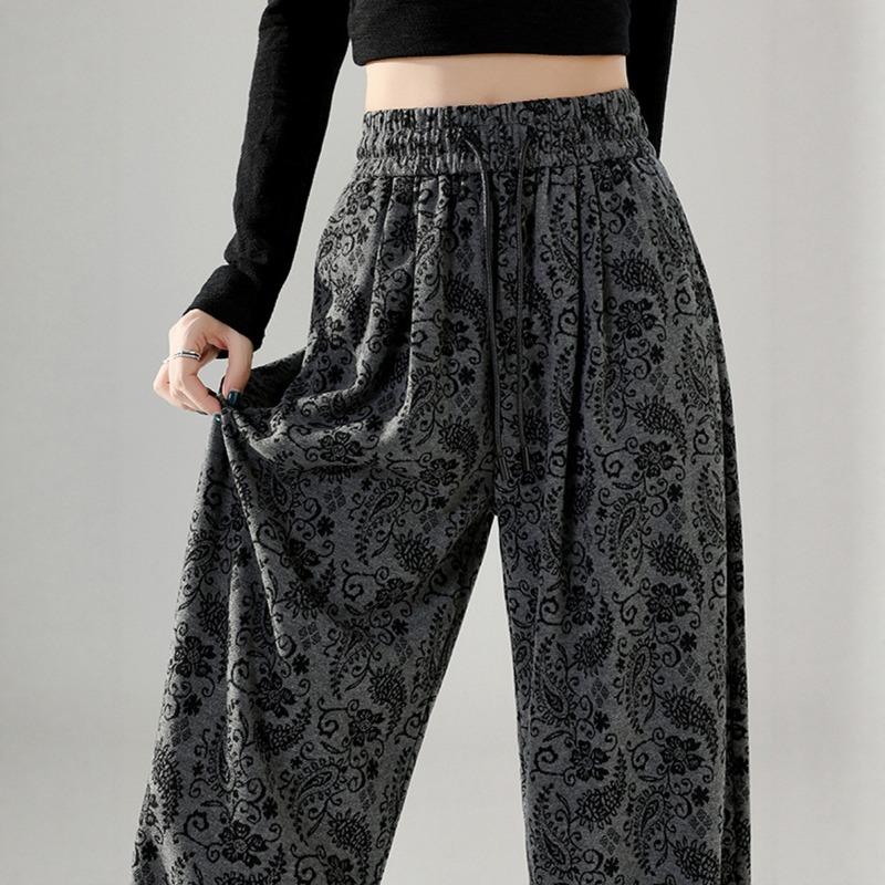 Spring Autumn Women's Elastic Waist Vintage Printing Wide Leg Pants Female Loose Casual All-match Straight Trousers