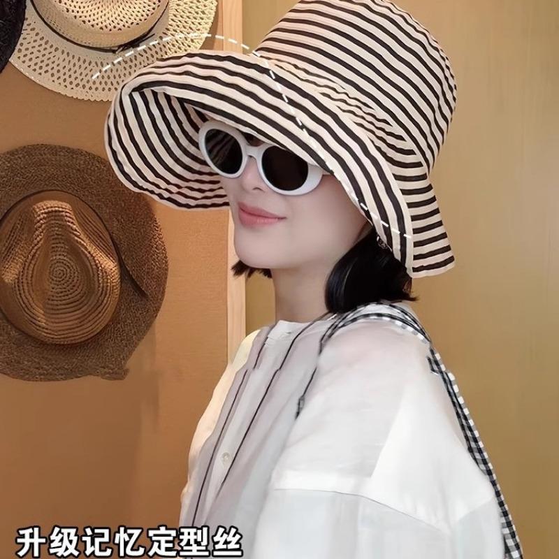 Bucket Hat Women's Spring and Summer New Striped Face Small Visor Big Brim Sun Protection Hat Beach High-end Sun Hat