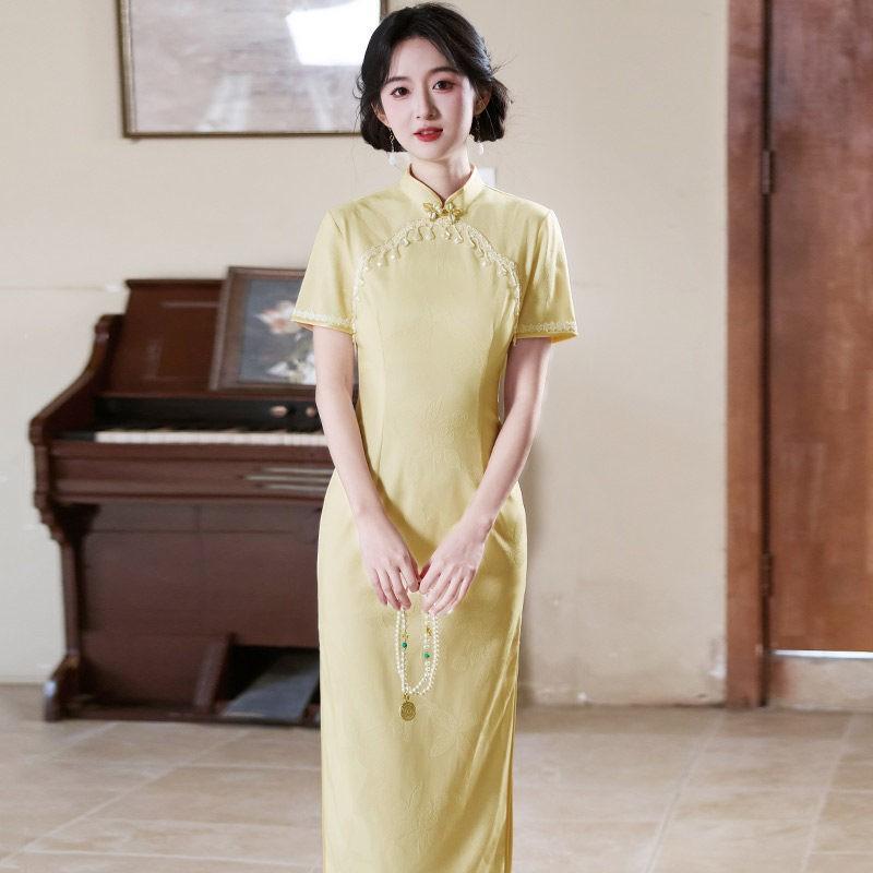 Yellow Vintage-Inspired Modern Cheongsam Dress Women Long Sleeveless Short Sleeve 2026 Elegant Daily Wear Small
