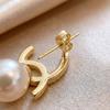 Gold Plated Pearl Drop Earrings for Women, Cubic Zirconia Interlocking Double C Studs, Trendy Elegant Crystal Statement Jewelry