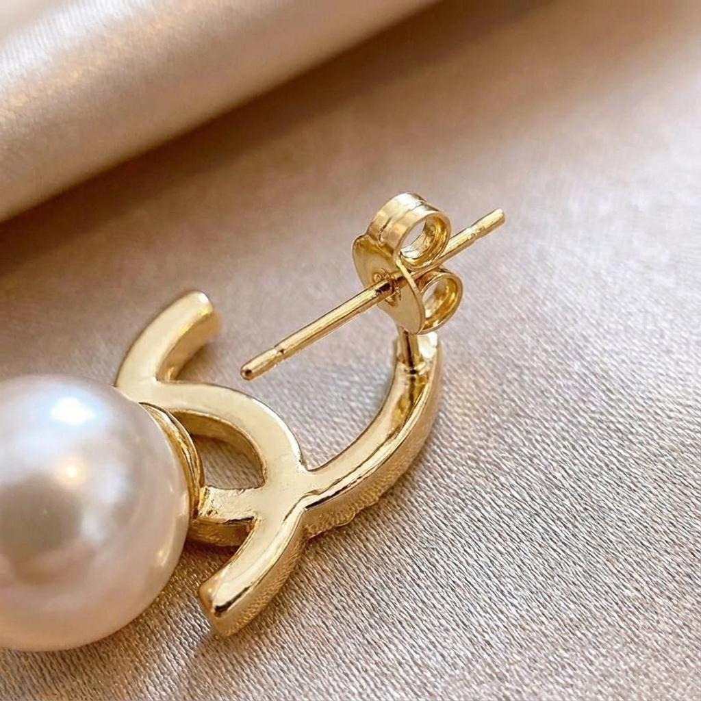 Gold Plated Pearl Drop Earrings for Women, Cubic Zirconia Interlocking Double C Studs, Trendy Elegant Crystal Statement Jewelry