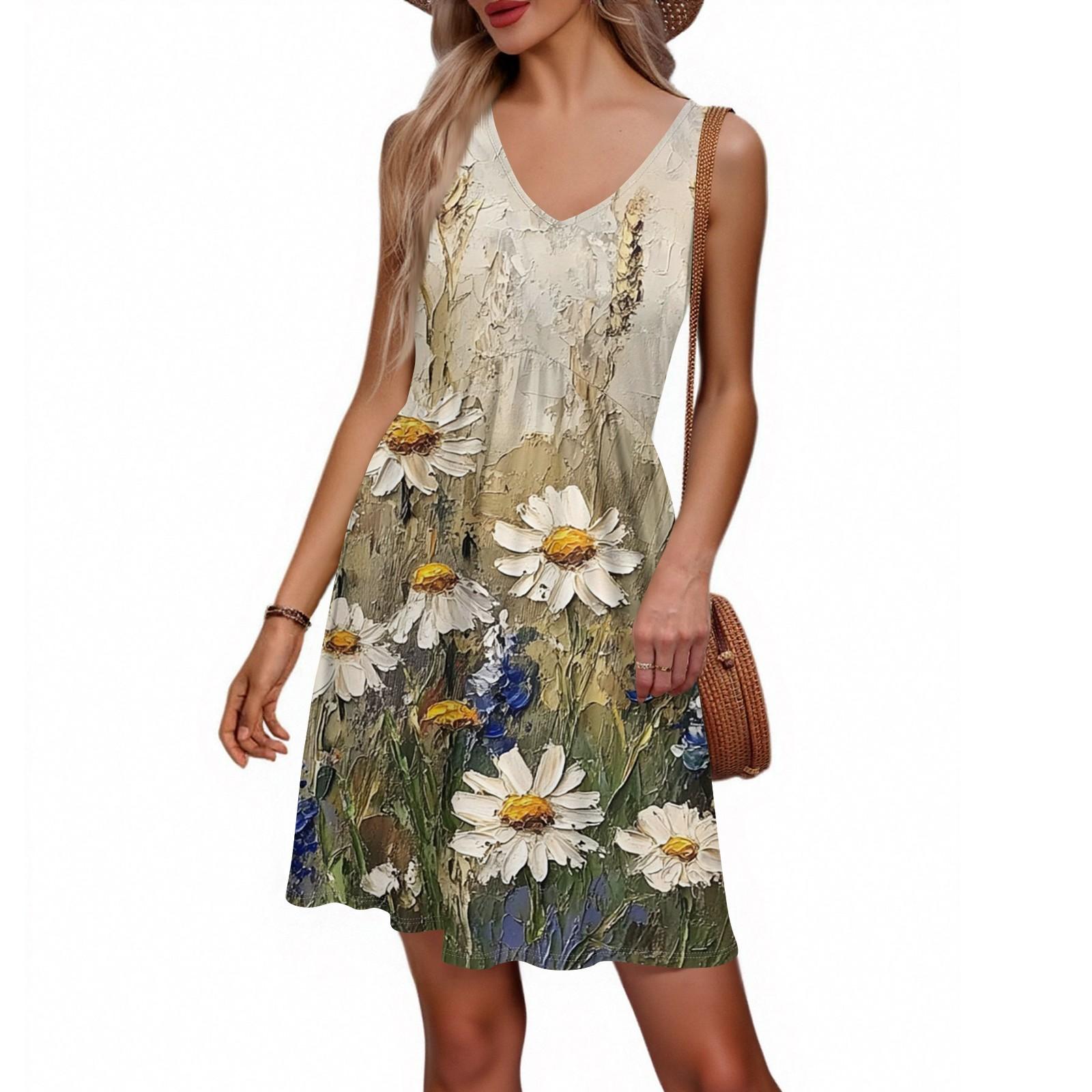 Women s Summer V-neck Casual Beach Vacation Retro Floral Print Sleeveless Patchwork Dress S бежевый