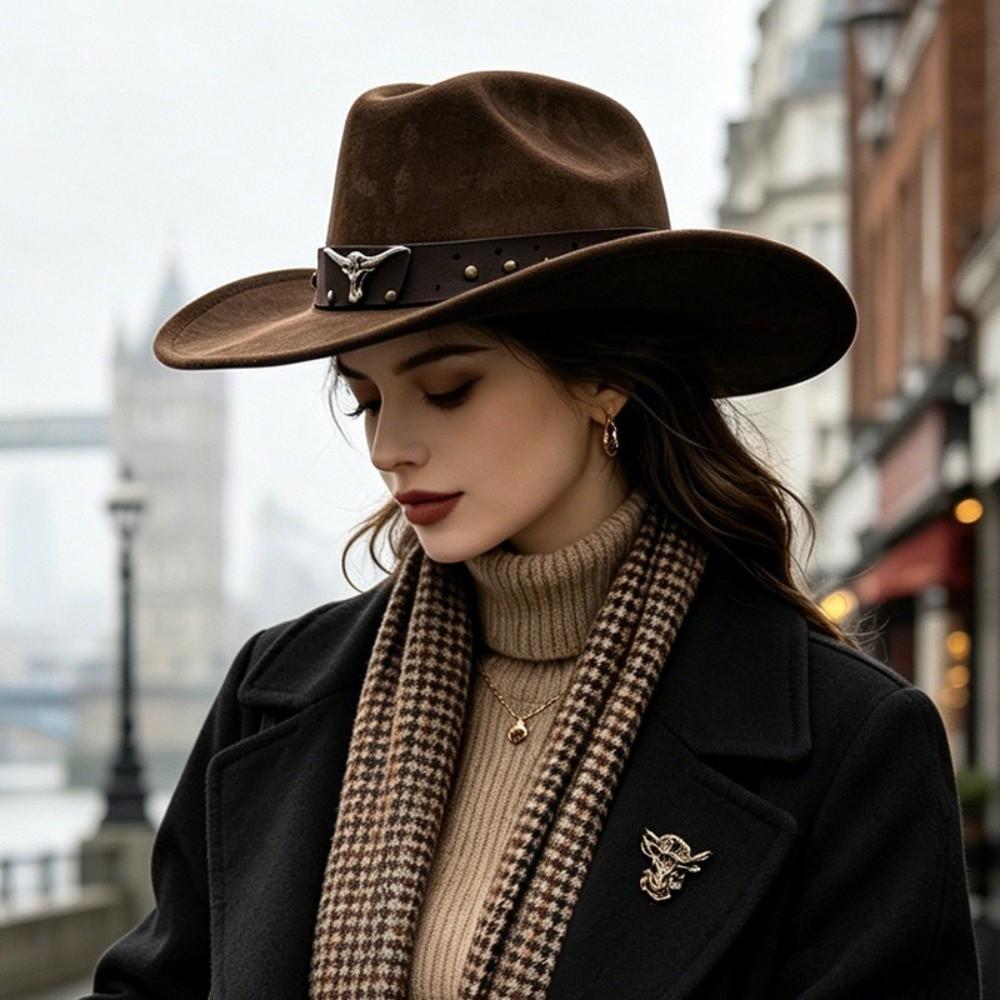 Ox Head Decorative Tibetan Style Top Hat Wide Brim Jazz Fedora Hats New Studded Leather Cap  Men