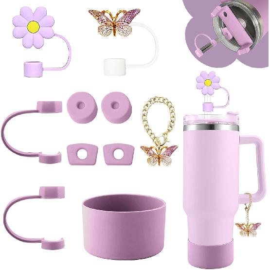 Cup Accessories for Stanley 30oz&40oz Tumbler including Flower Butterfly Straw Topper Cover, Spill Proof Stopper, Silicone Cup Boot, Butterfly Charms
