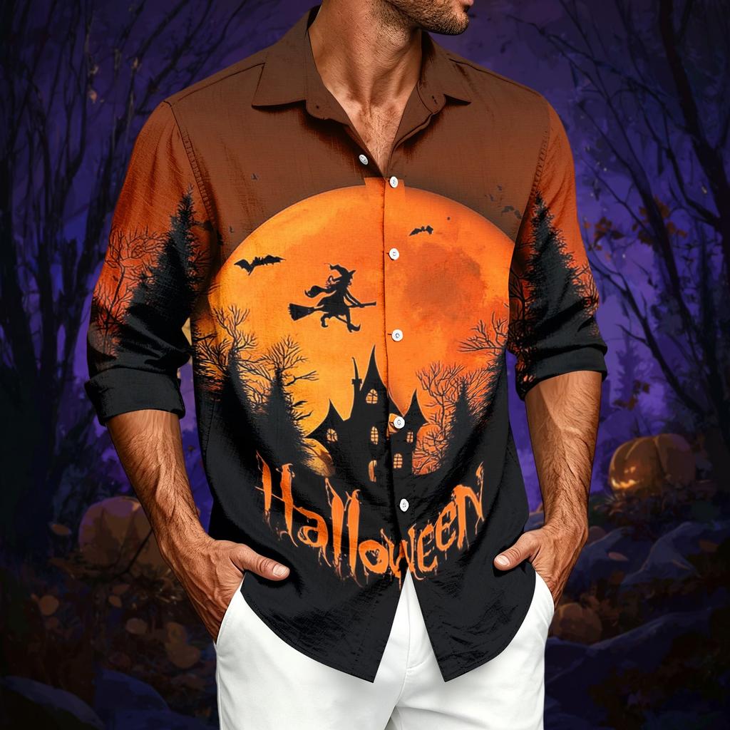 Men's Casual Long-Sleeve Shirt with Halloween Print for Spring ,Summer and Fall
