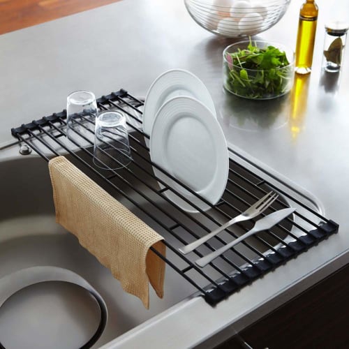 Yamazaki Tower Folding Dish Drainer, Small, Black, Approx. W26 X D42 X H0.8cm, Rolls Up for Slim Storage, 7838