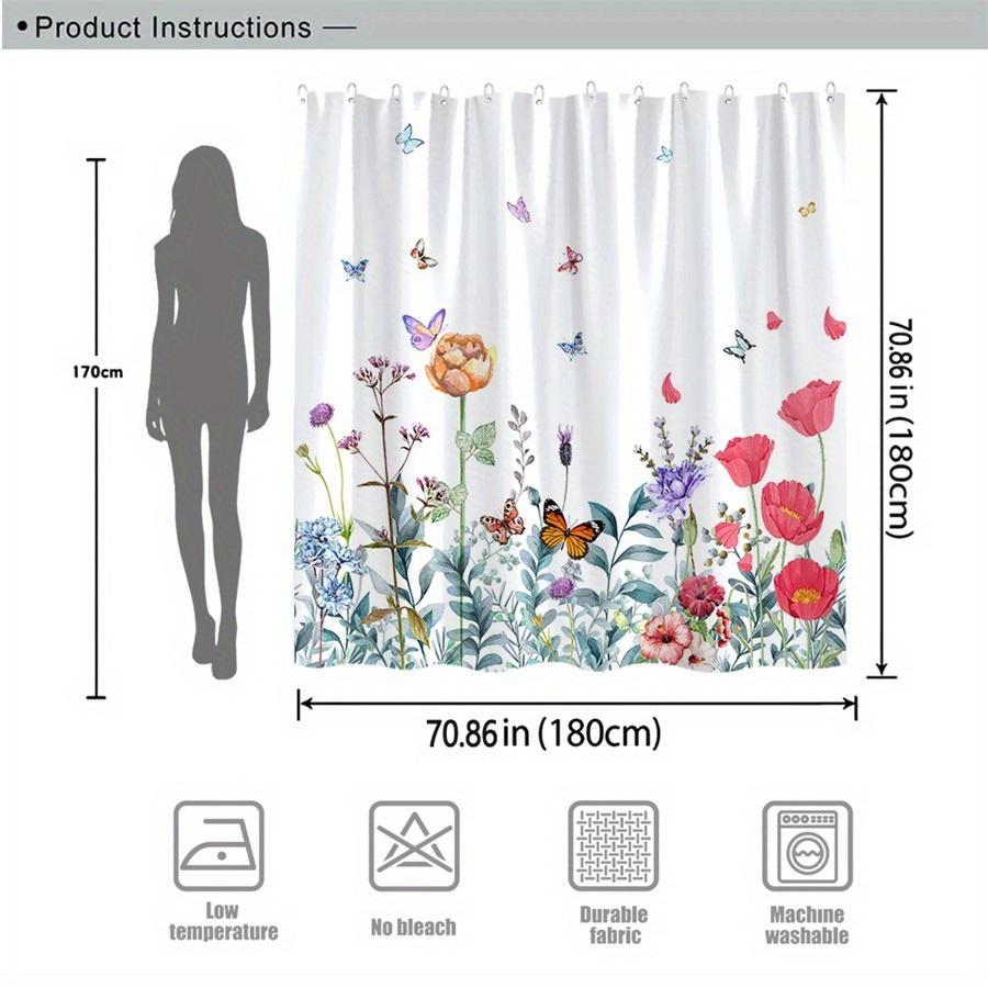 1 Bright Watercolor Floral Shower Curtain - Whimsical Garden Design Of Irises And Butterflies, With Hooks, Machine Washable