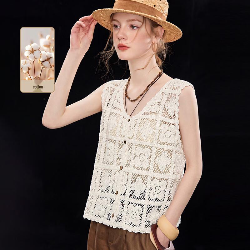 Cotton Blend Hollow Crochet V-Neck Vest Cover-Up