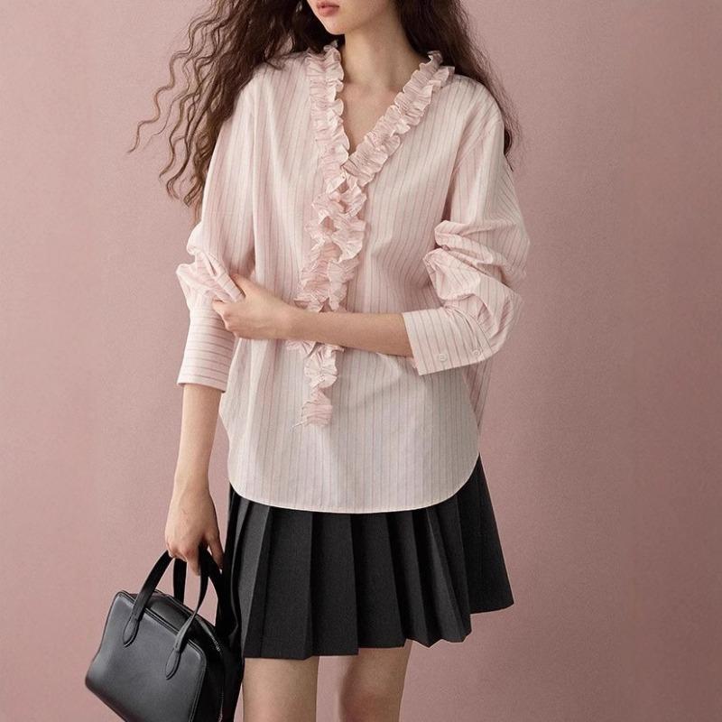 Striped Cotton Loose Lace Striped Shirt Spring New Casual All-match Top