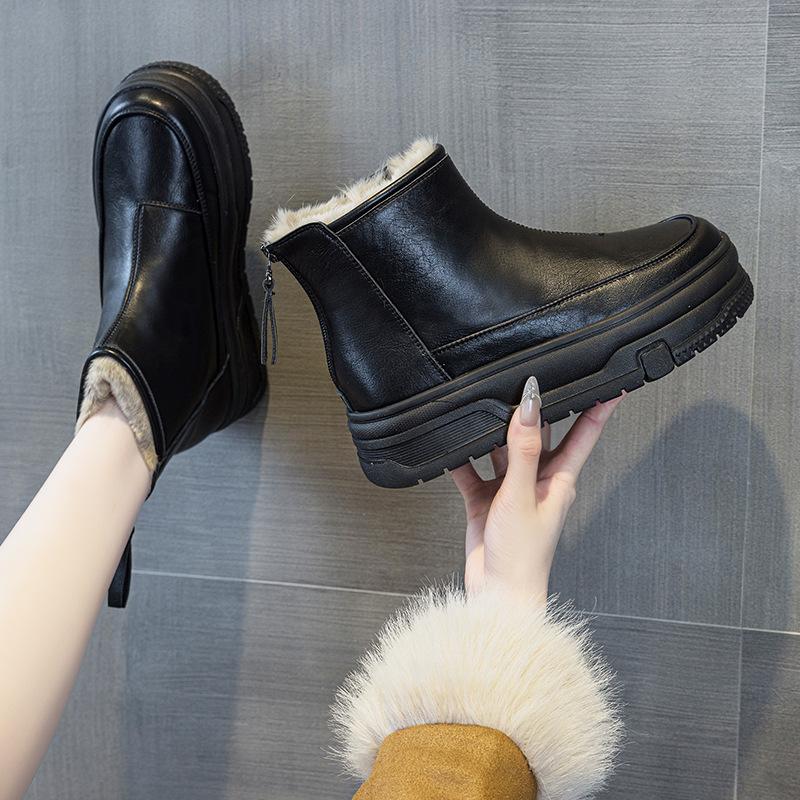 Fashion 5cm Ankle Boots Genuine Leather Spring Winter Plush Knee High Women Autumn Motorcycle Platform Wedge Fashion Shoes
