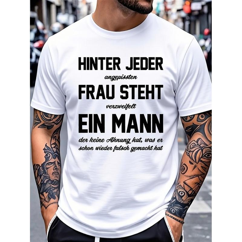 Men'S Funny German Text T-Shirt - Bold Geometric Print with Humorous Saying, White & Black Graphic Tee, Loose Fit Casual Streetwear, for all-Season