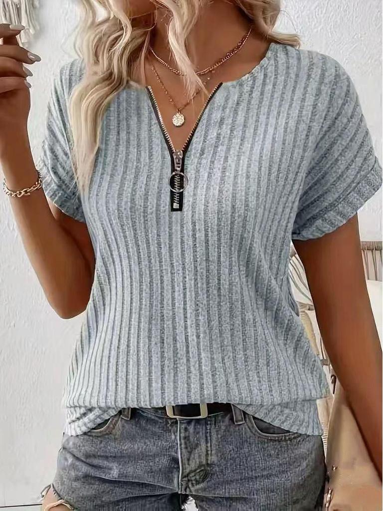2025 Spring/Summer Women's Solid Color Zipper Short Sleeve Pullover T-Shirt Loose Top