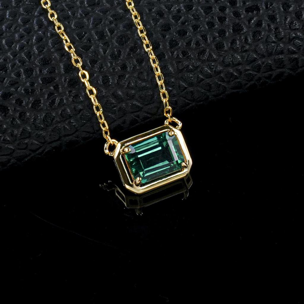 Women's Minimalist S925 Sterling Silver Necklace with Rectangular Cultured Emerald in Square Frame and Four-Claw Setting