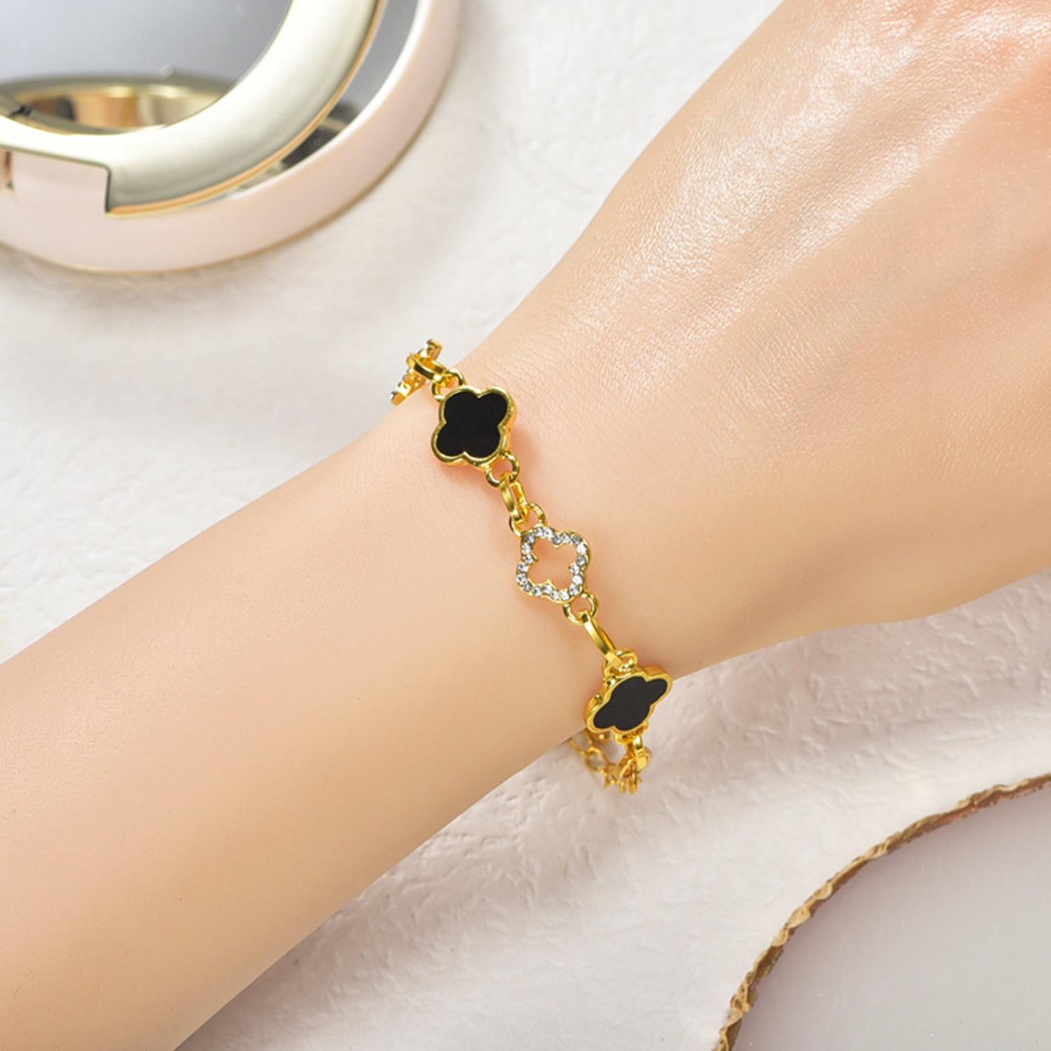 

Полый браслет цвета розового золота с цирконием и четырьмя лепестками клевера, универсальные ювелирные изделия для мужчин и женщин чёрный/золотой