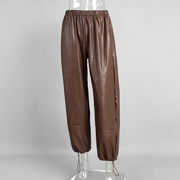 

Women s Fashion Leather Pants Drawstring Cuffed Bell-Bottom Pants Loose-Fit Leather Pants PU Leather Long Pants L
