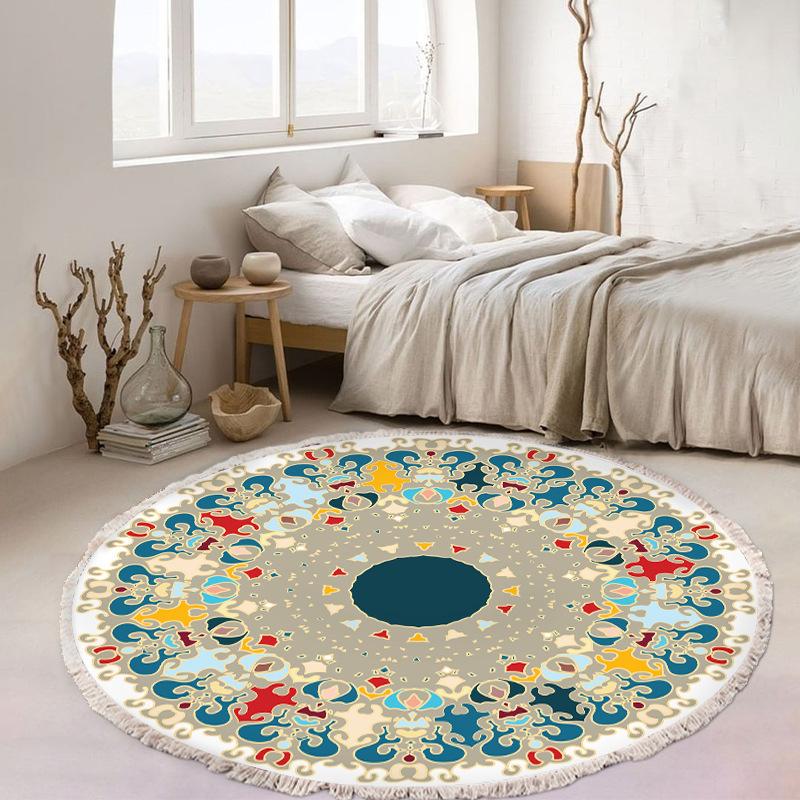 Nordic Cotton and Linen Home Leisure Non-slip Fringed Printed Round Carpet Living Room Floor Mat Bedroom Bedside Blanket