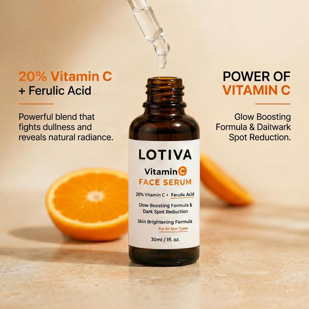 LOTIVA Vitamin C Gesichtsserum mit Ferulasäure & Hyaluronsäure | Aufhellendes & Feuchtigkeitsspendendes Gesichtsserum für die Tägliche Hautpflege | Leicht & Schnell Einziehend