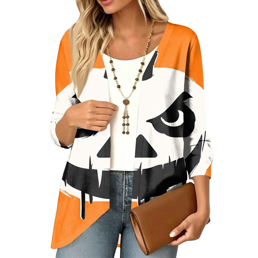 Women's Halloween Print 3/4 Sleeve Lightweight Loose Fit Cardigan for Casual Wear
