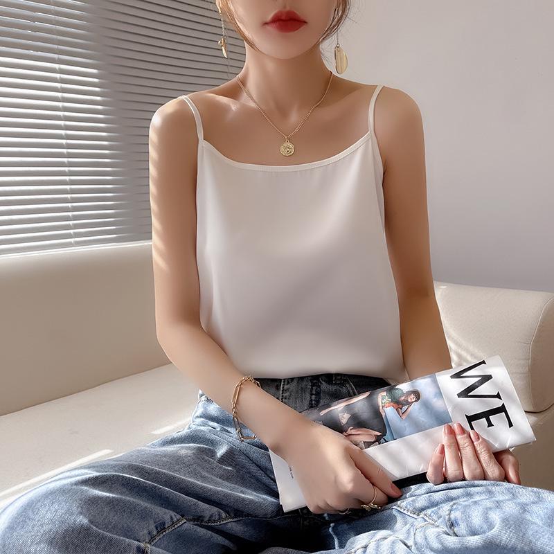 25 Summer Silk Slim-fit V-neck Camisole, Single Strap, Sleeveless, Solid Color, Versatile Imitation Silk Vest