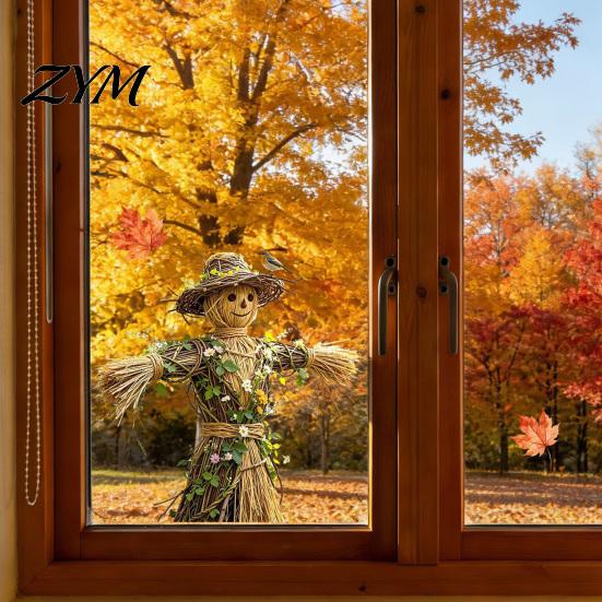 Creative Thanksgiving Gift Scarecrow Window Stickers with Realistic Maple Leaf, Pastoral Decals, Waterproof Durable Film PVC Static Clings for